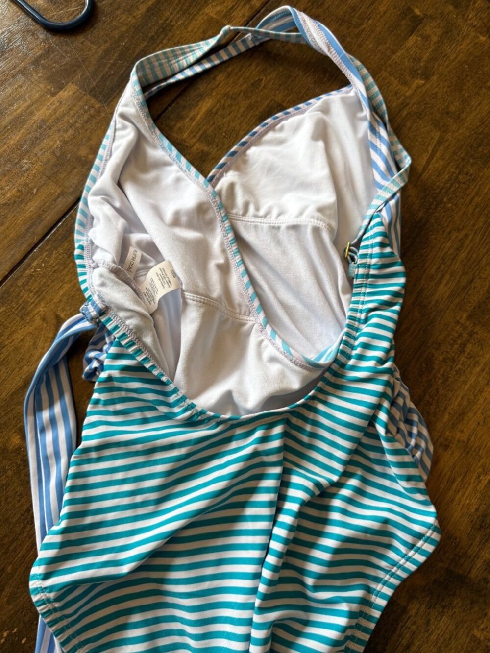 Bleu Rob Beattie One Piece Swimsuit Blue Green Teal Stripped Wrap Flattering 10 - Picture 7 of 8